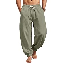 Mens Cotton Linen Pants Casual Lantern Pants Summer Elastic Waist Jogger Yoga Trousers with Pockets