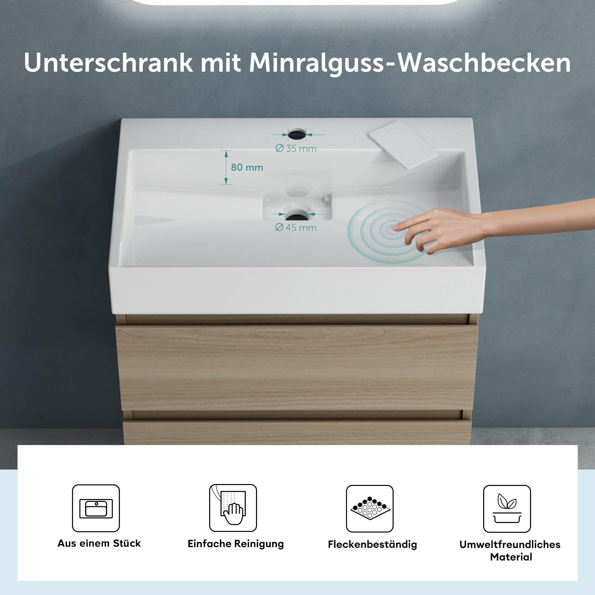doporro Badmöbel-Set Waschtisch mit Unterschrank Waschbeckenunterschrank BTH: 60x38x56 cm inkl. Waschbecken und Ablaufgarnitur Hell Eiche Wandmontage