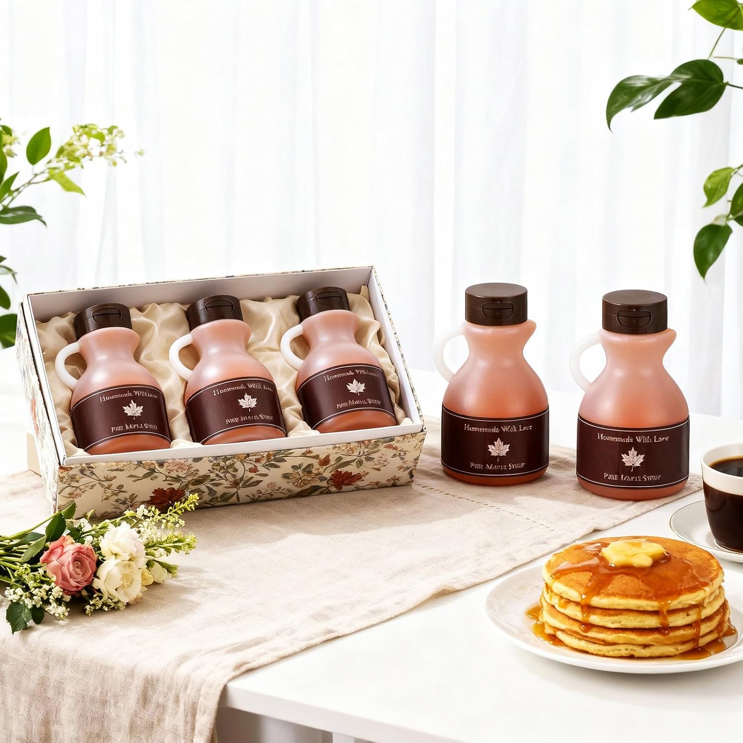 Bokon 24 Pack 2.7 oz Maple Syrup Bottles with Labels, Empty Plastic Containers with Loop Handles and Lids, Small Mini Jugs for Homemade Pure Maple Syrup, Honey, Gifts, Favors