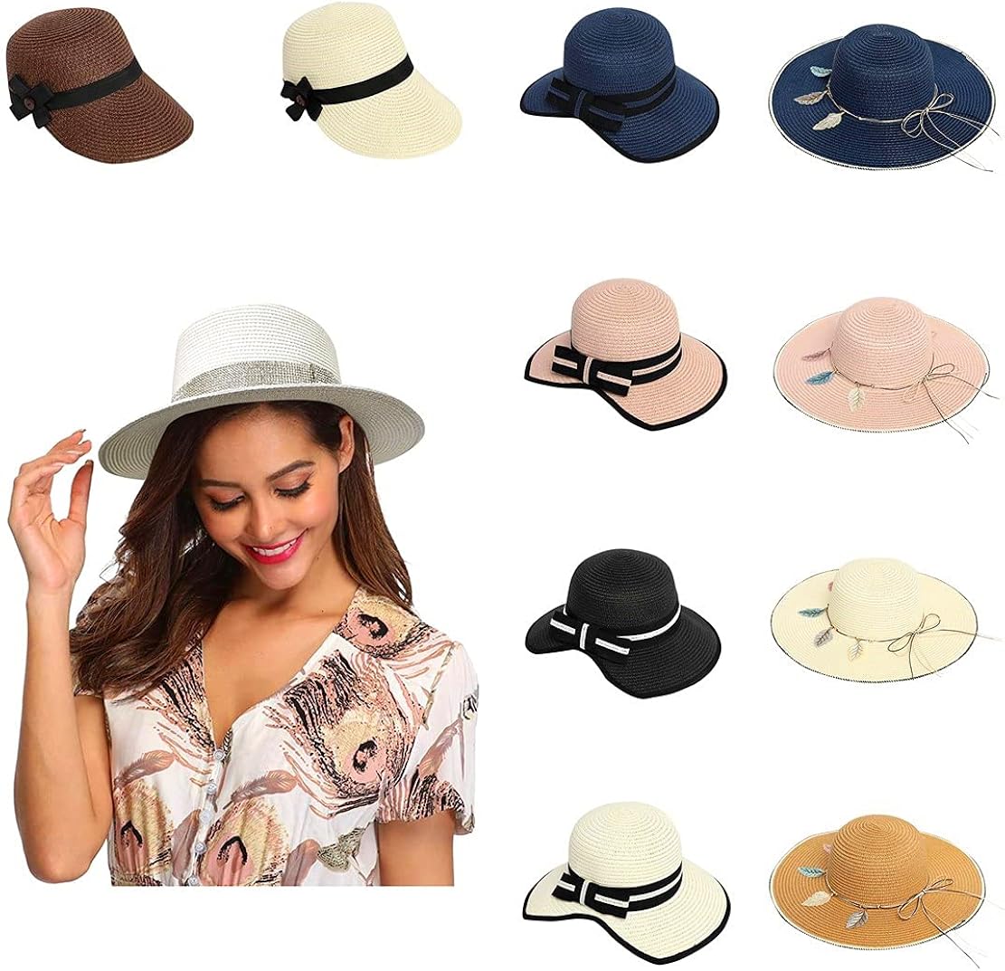 Visors for Women, Women Wide Brim Straw Panama Roll up Hat Fedora Beach Sun Hat UPF50+ at  Women’s Clothing store