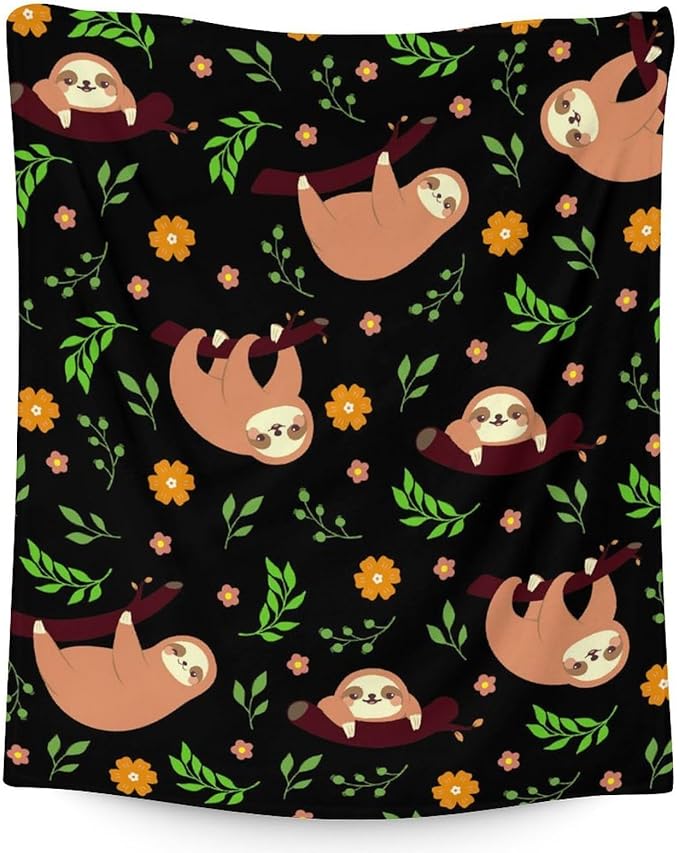 Mercuryelf Sloth Throw Blanket - Soft, Fuzzy & Warm - 40x50 Inches Flannel Blankets for Travel, Office - Black Cute Throws Gift for Girls, Boys