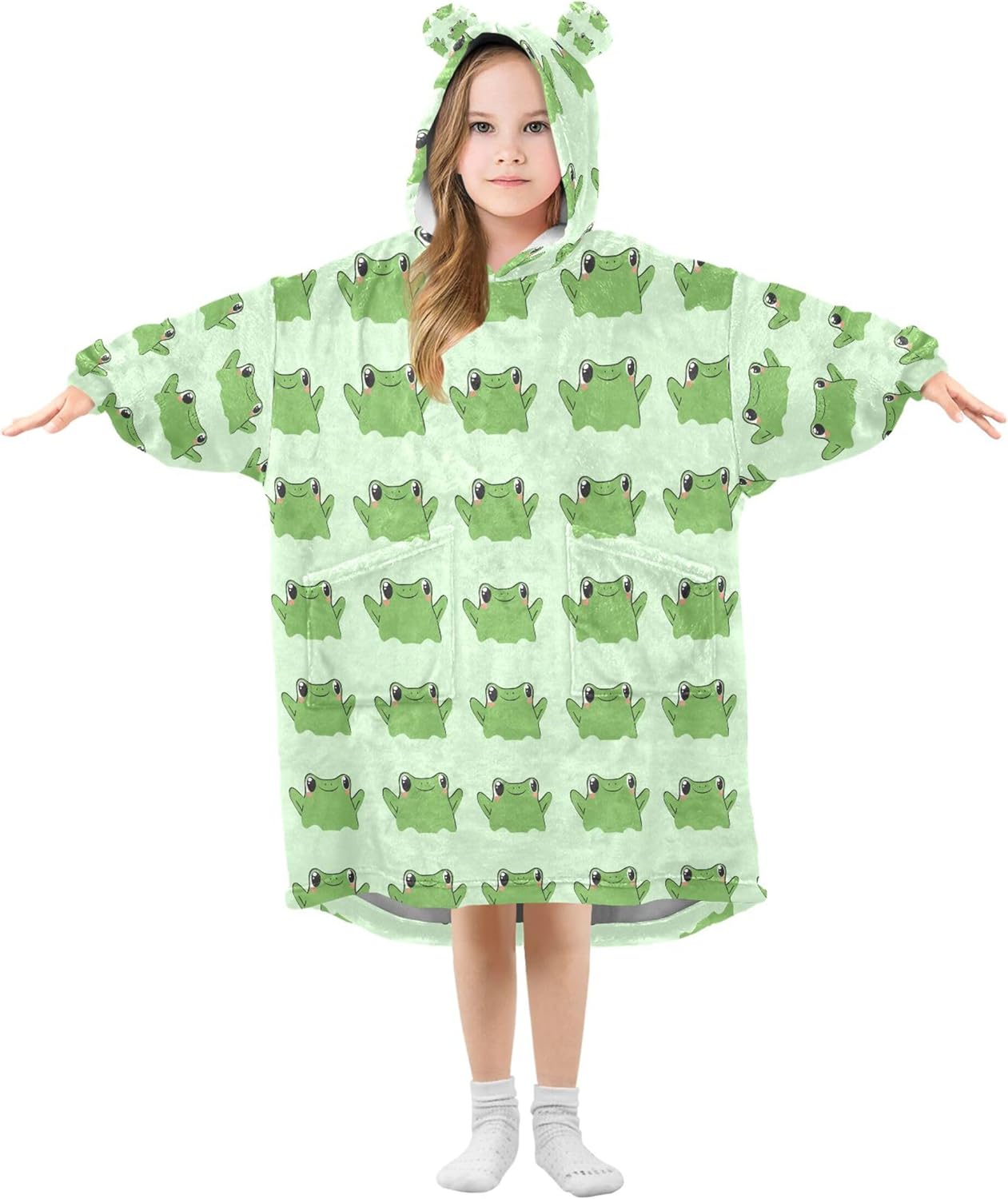 Cute Frog Kids Wearable Blanket Hoodie with Pocket and Sleeves for Toddlers, Cute Hoodies Girls Boys B0404130