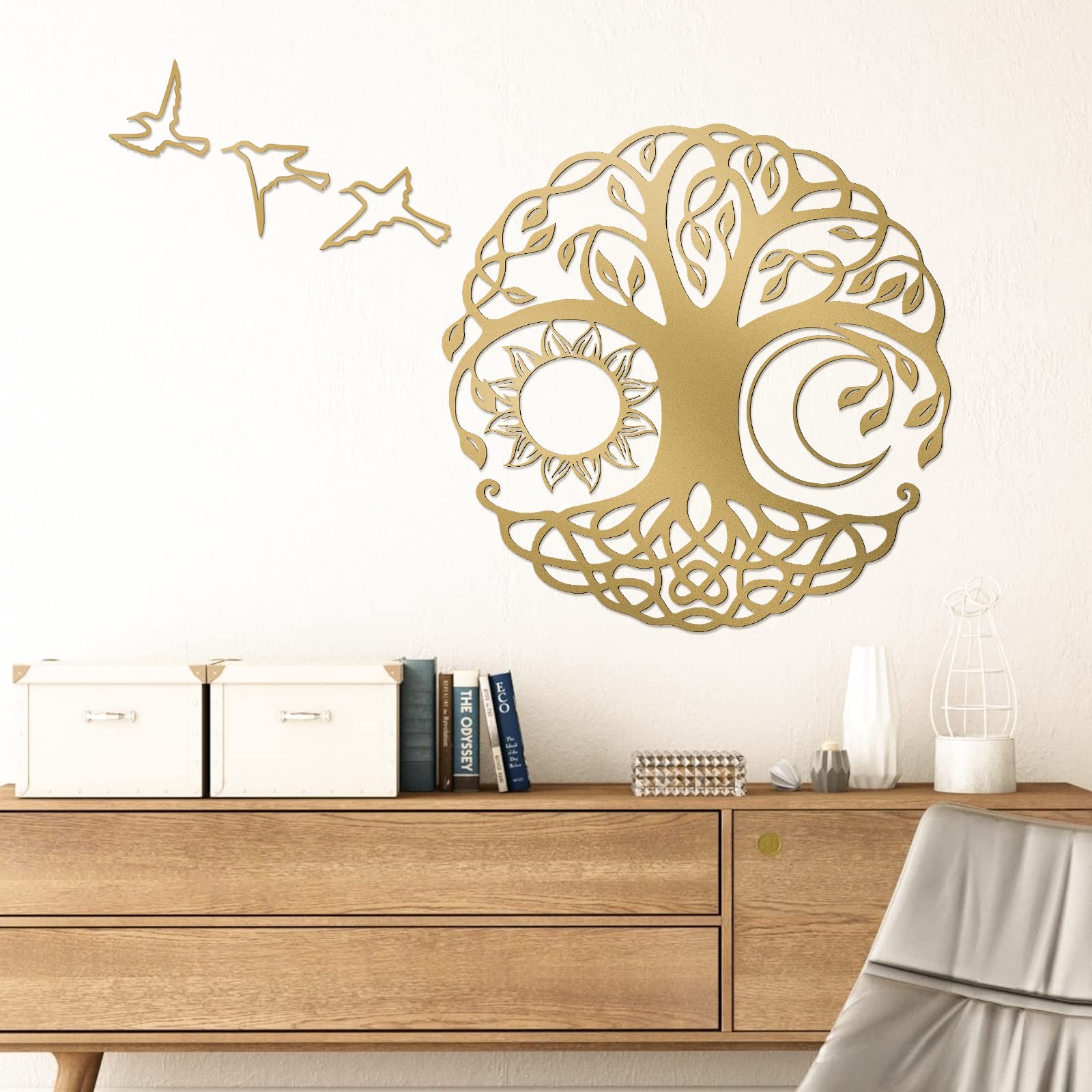 Photo 1 of Tree of Life Golden Metal Wall Art, 2023 Tree of Life Sun and Moon with 3Pcs Birds Golden Wall Decorative Art for Indoor or Outdoor Office Garden Home Decor (Golden 18 in) Golden 18In