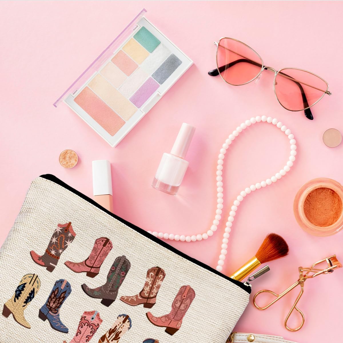 Western Makeup Bag - Cowgirl Gifts, Boho Western Cowboy Boots Makeup Cosmetic Bag for Purse - Image 3