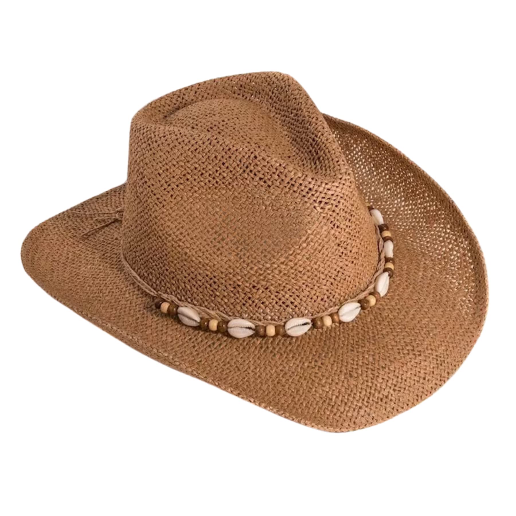 Fidra Unisex Brown Straw Cowboy Hat(ONE Size) with Bead Shell Band,Fast Post 48-72 Hour