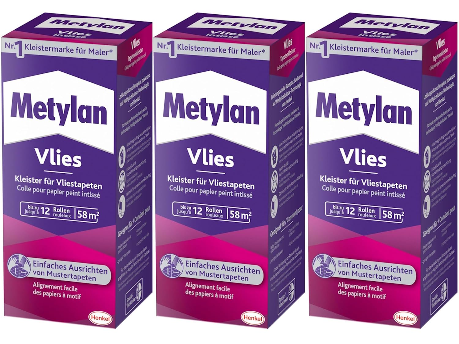 Metylan Vlies, Tapetenkleister für Vliestapeten mit glatter oder strukturierter Rückseite, einfach zu verwendender Tapetenkleister, Kleister mit hoher Ergiebigkeit, 3x360g