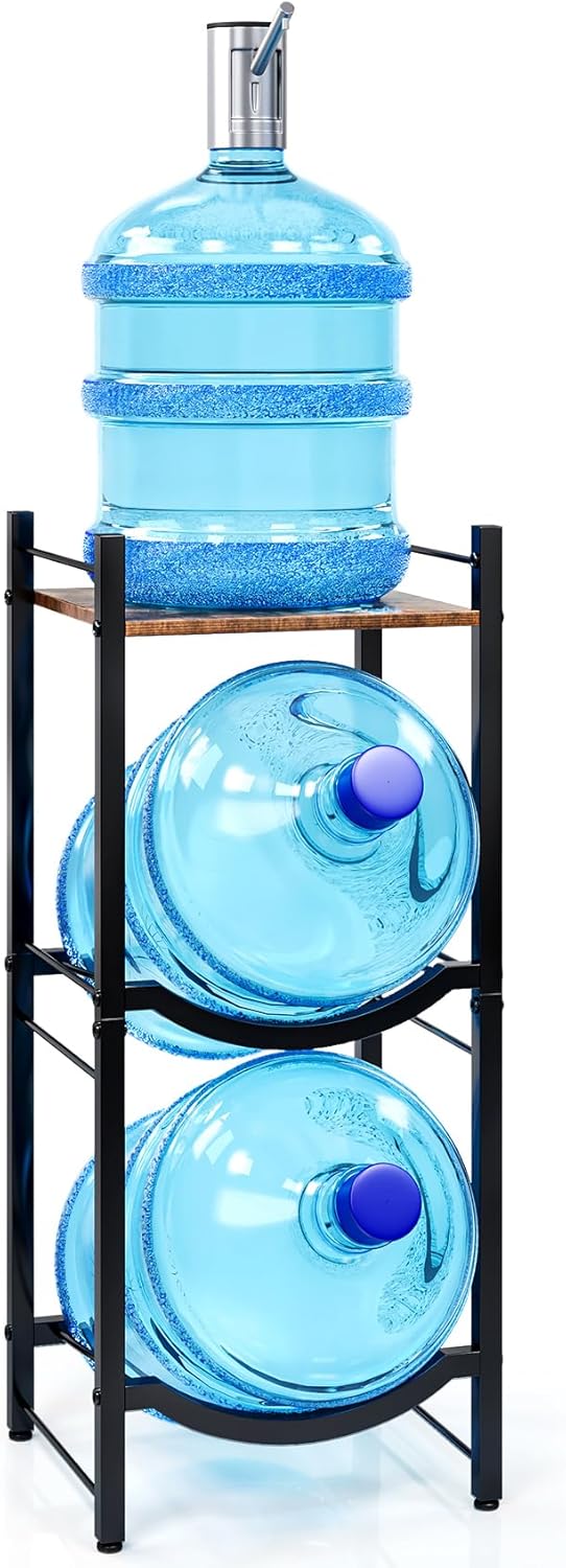 TC-HOMENY 3-Tier 5-Gallon Water Jug Holder with a water bottle on top and two below.