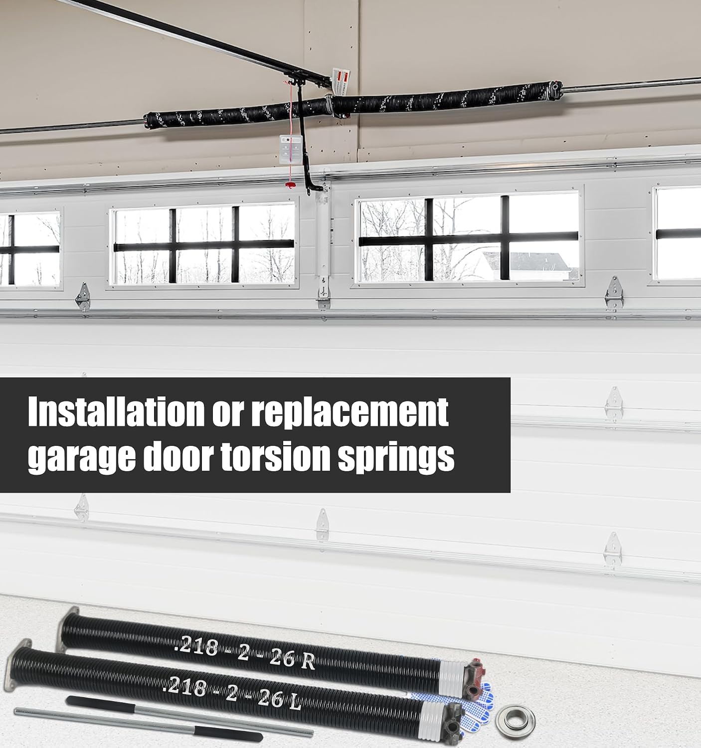 Garage Door Torsion Spring Set, Pair of 2 Electrophoresis Coated Garage Door Spring Replacement with 2 Non-Slip Winding Bars and Bearing, Minimum 16000 Cycles (.218x2x26)