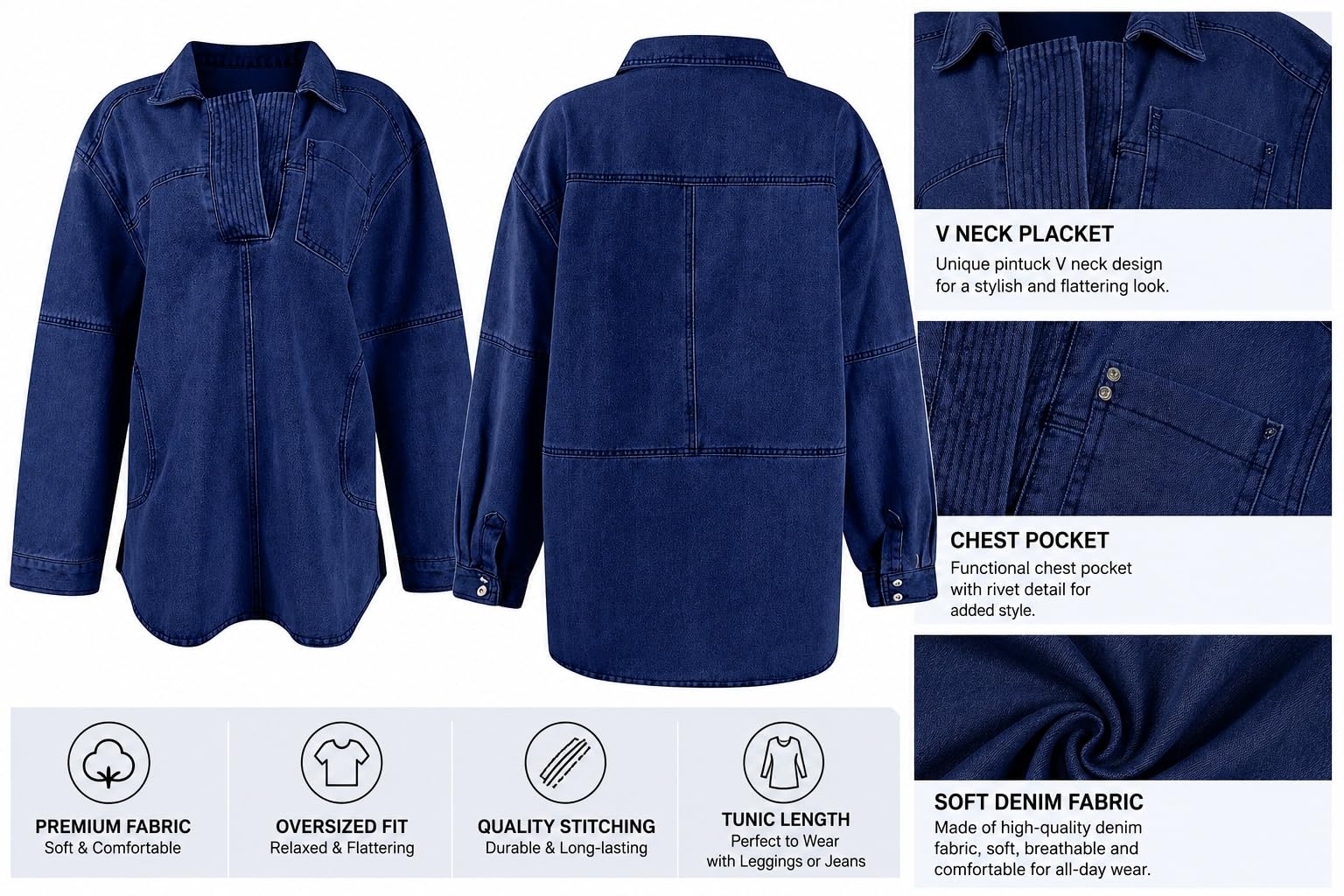 Camisa Vaquera Mujer Oversize Cuello V Manga Larga Blusa Denim Holgada con Bolsillos Casual