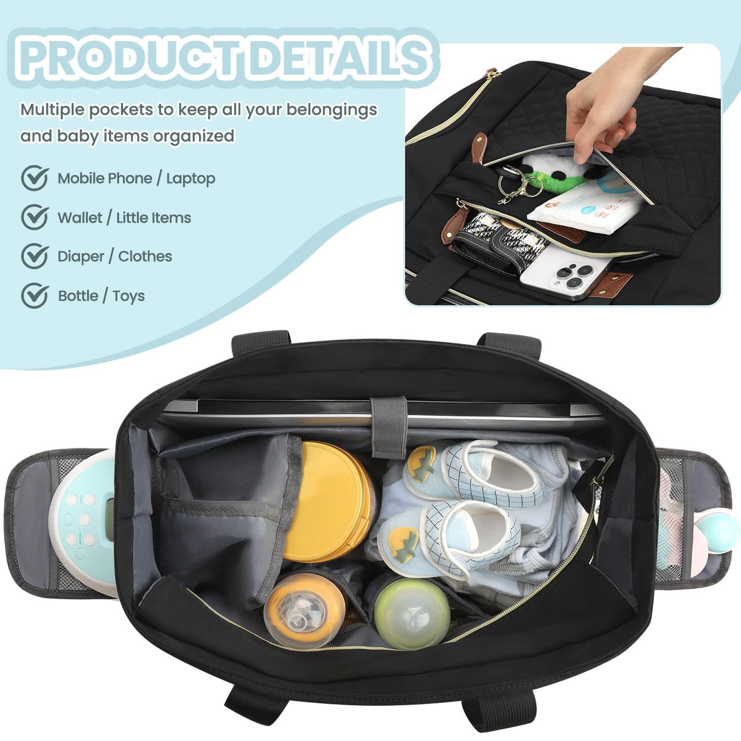 Diaper Bag Tote for Working Mom, Large Travel Diaper Tote for Mom and Dad with 14 Inch Laptop Sleeve, Mommy Maternity Travel Baby Bag for Boys and Girls, Black - Image 4