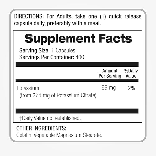 Miniatura 2 de Laboratorio  Citrato de potasio  400 cápsulas  275 mg  Suplemento de potasio  Potasio  Extracto de concentrado  Pastillas de potasio  Ultra alta