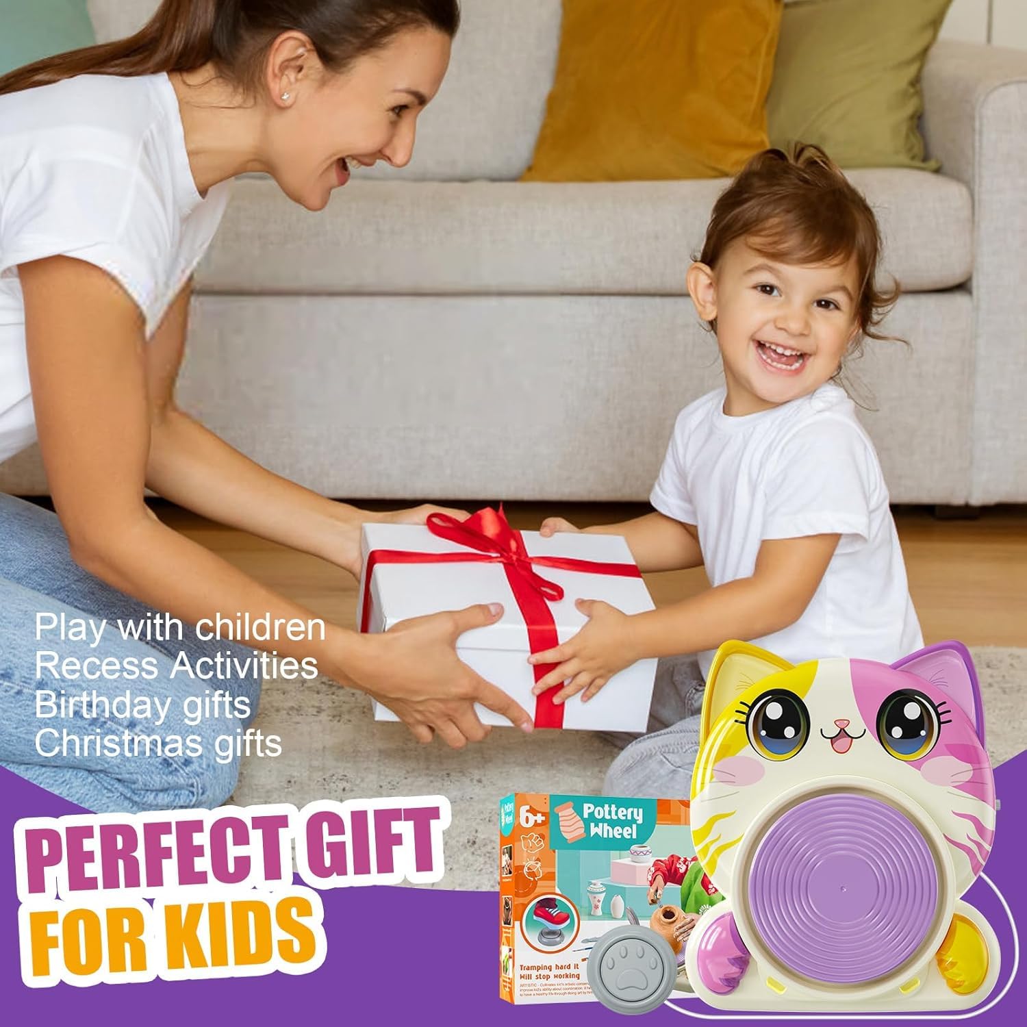 Töpferset für Kinder – Elektrische Mini-Töpferscheibe mit Ton, Farben, Werkzeug & Schürze – Kreatives DIY Keramik-Bastelset ab 6 Jahren im Katzendesign – Geschenkidee für Mädchen & Jungen
