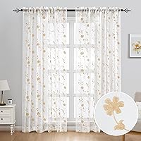 Vista 2 de HOMEIDEAS Cortinas traslúcidas amarillas de 84 pulgadas de largo, 2 paneles de cortinas bordadas con patrón floral amarillo y blanco, cortinas