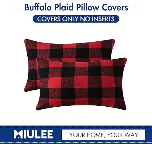 Miniatura 6 de MIULEE - Paquete de 2 fundas de almohada decorativas de lino y poliéster a cuadros clásicos de Navidad, color negro y rojo, fundas de cojín