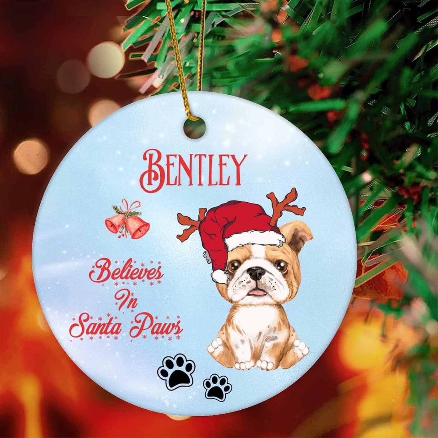 Customizable Believe in Santa Paw Christmas Ornament Funny Finnish Lapphund with Santa Hat Dog Ceramic Ornament Custom Pet Hanging Pendant Ornament Xmas Gift for Dog Dad 3-Inch