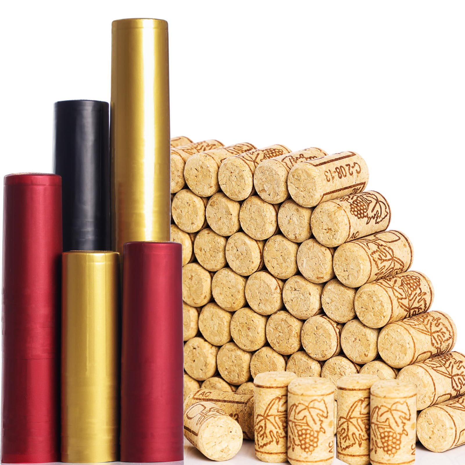 200 tapones y sellos para botellas de vino, 100 corchos de vino naturales y 3 colores (rojo, negro, dorado) 100 cápsulas termorretráctiles de PVC para botellas de vino, tapón de corcho recto tamaño 8