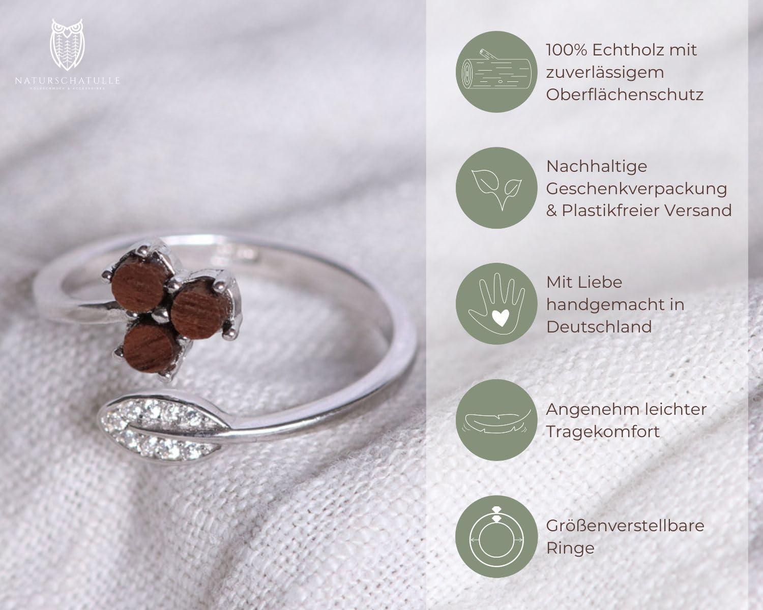 NaturSchatulle Anillo de madera Collection de plata 925, anillo de madera ajustable con inserto de madera, regalo para mujeres