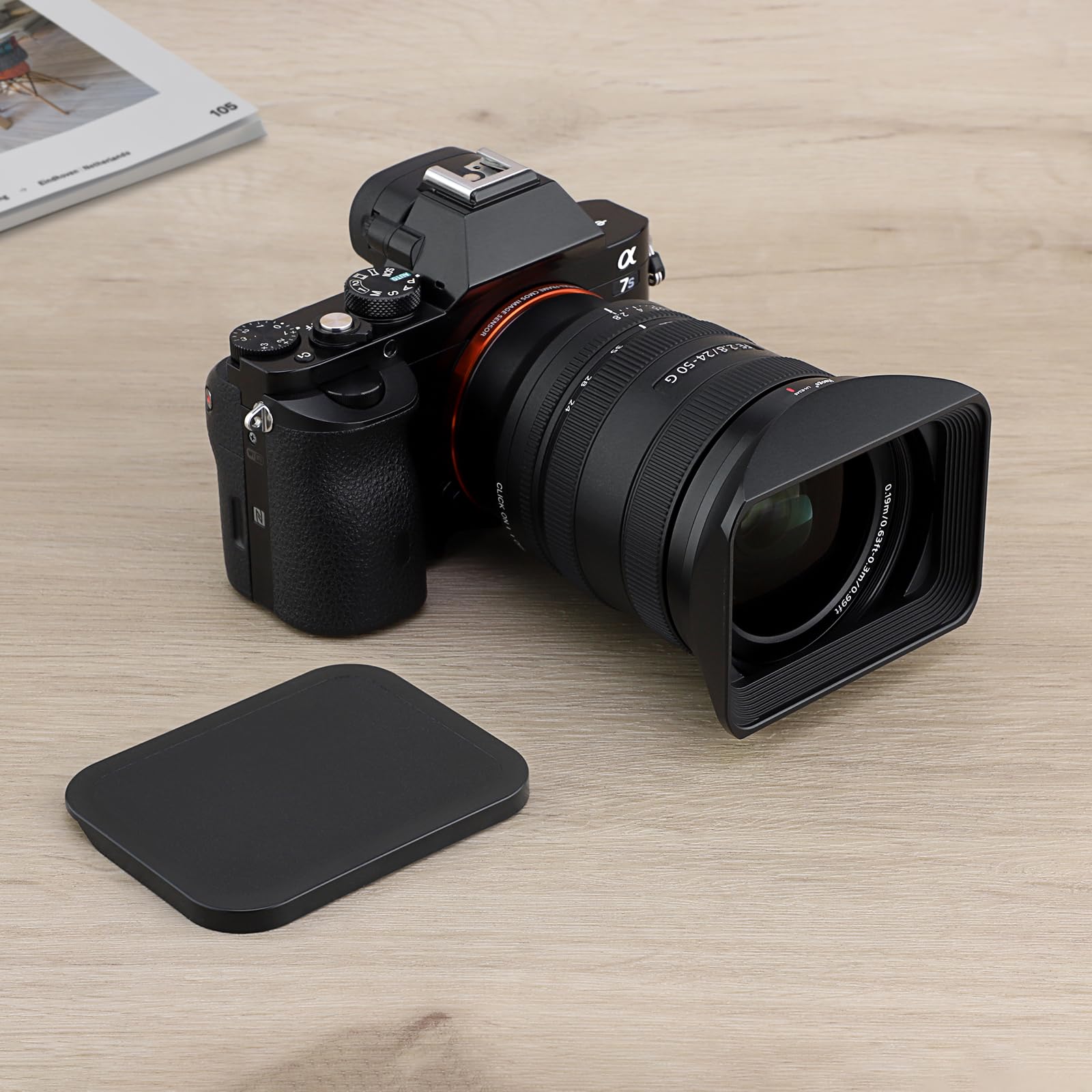 Haoge Pare-soleil carré en métal pour Sony FE 24–50 mm F2.8 G avec capuchon sur Sony A7CR a7CII A7R4 LH-E245