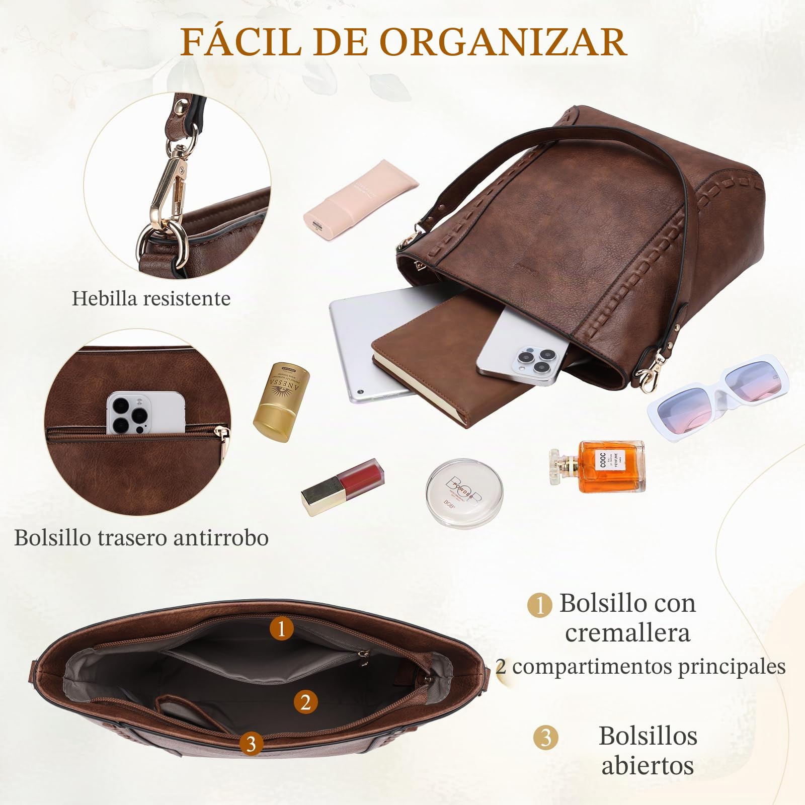 RAVUO Bolso Bandolera Mujer, Grande Bolso Cuero Mujer Bolso Hombro de Piel con 2 Correas Ajustable Crossbody Bag Bolso Shopper para Diario Viaje