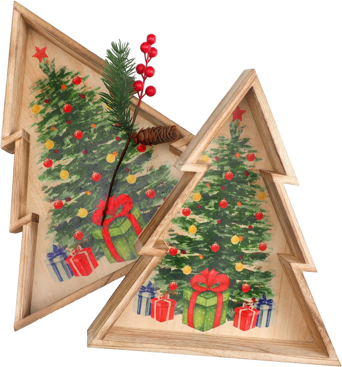 Uiifan 2 Pcs Christmas Tree Wooden Trays Rustic Serving