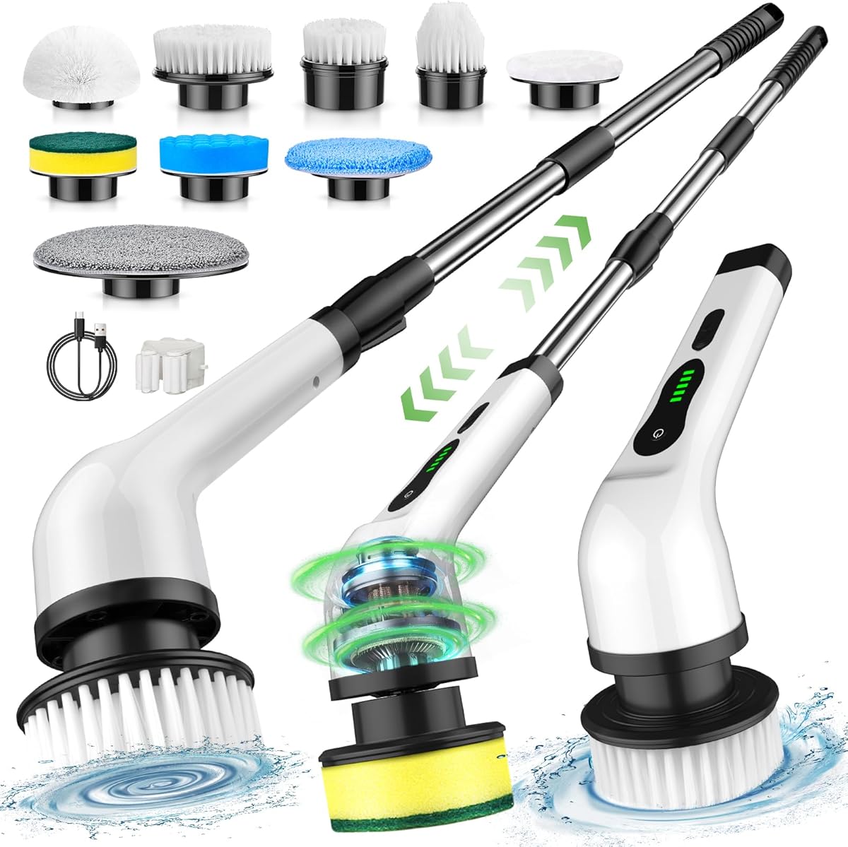 Electric Spin Scrubber, Cordless Cleaning Brush, Shower Scrubber with 8 Brush Heads 2H Power Dual Speed, Adjustable Extension Handle, IPX7 Waterproof for Tub Tile Floor Car, LX XP1