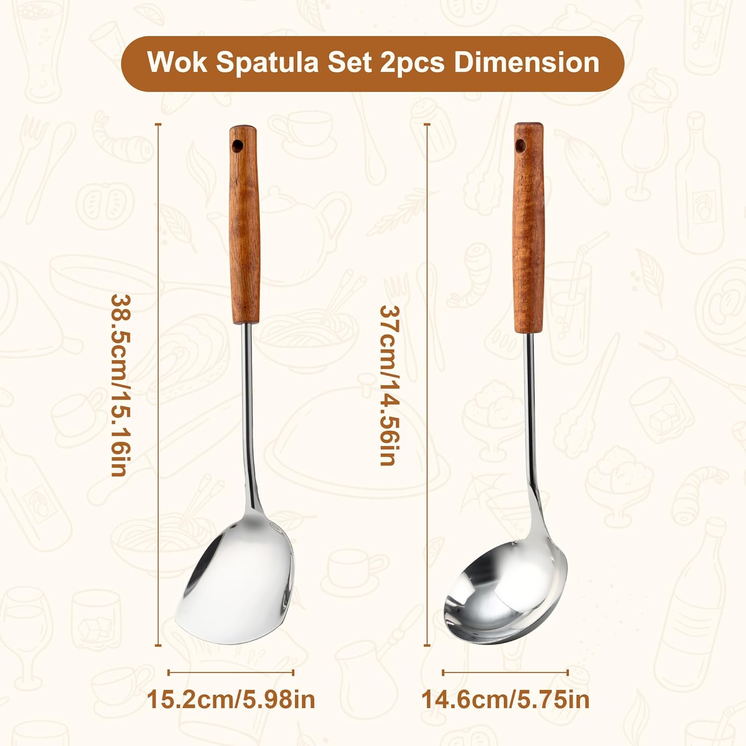 FJNATINH Wok Spatula and Ladle Tool Set - Stainless Steel Wok Tools,Wok Utensil,Mirror Polished Stainless Steel Cooking Utensils 14.6-15.2" Kitchen Utensils Cookware, Pack of 2 - Image 3