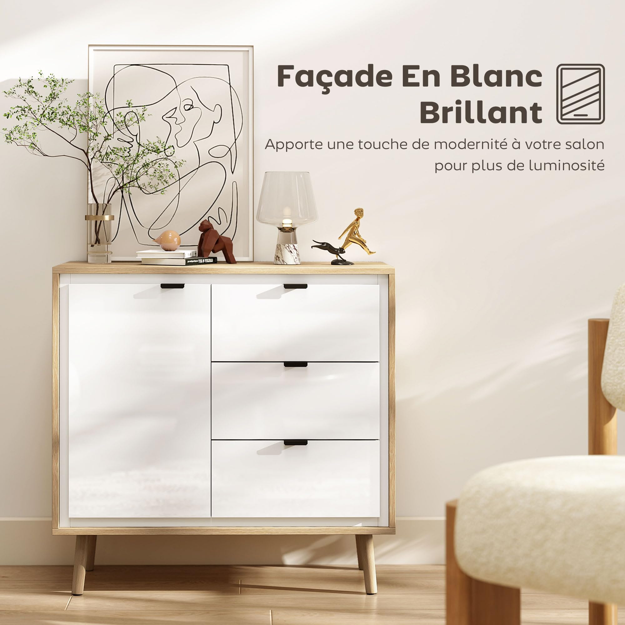 HOMCOM Buffet Salon Meuble de Rangement Armoire de Cuisine avec Placard à 2 Portes 3 tiroirs et étagère réglable, Style Moderne Buffet Salle à Manger et Salon, 80 x 35 x 77 cm, Blanc