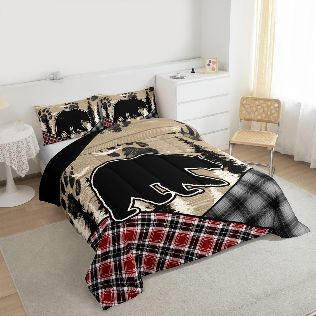 Erosebridal Rustic Bear Quilt Woodland Animals Patchwork Comforter Set Queen for Teens Men,Paw Print Pine Trees Bedding Set Buffalo Checkered Plaid Country Decor,Brown Wooden Plank Farmhouse Decor