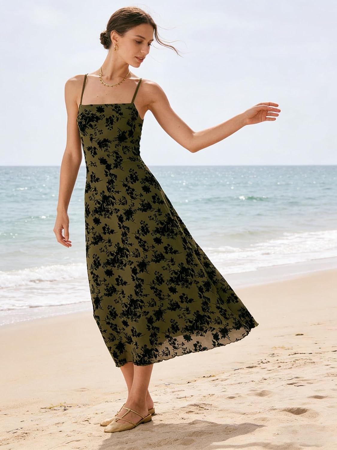 RIHOAS Women's Green Floral Spaghetti Strap Midi Dress - A-Line for Wedding Guest, Cocktail & Formal Party Special Occasions