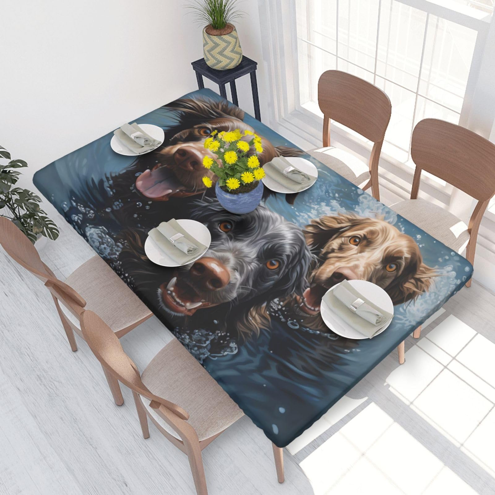 Labrador Dogs Waterproof Square Table Cover Elastic Fitted Tablecloth Oil Proof Table Protector For 4ft Table