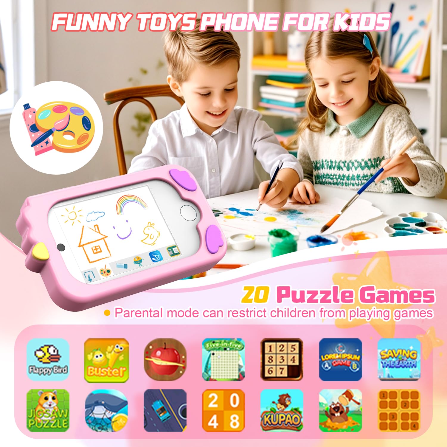 Enfants Jouet de Téléphone Mobile avec Double Caméra d'enfants 2,8 Pouces écran Tactile Apprentissage Téléphone Apprentissage Jouet avec Carte SD Garçon Fille âge 3 4 5 6 7 8 Cadea