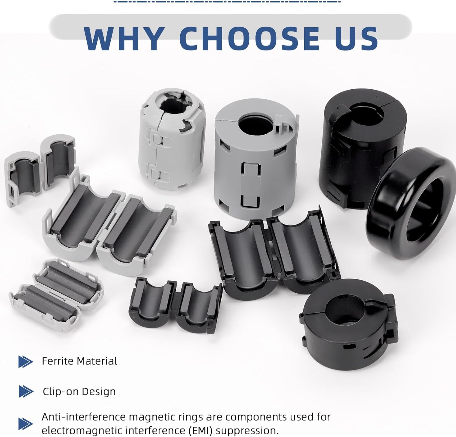 Glarks 32pcs Grey Clip-on Ferrite Ring Core Set Includes 28pcs 3.5/5/7/9/13MM Inner Diameter Cable Clips RFI EMI Noise Suppressor Cable Clips 2pcs 42 x 24 x 16MM Toroid Cores 2pcs 15MM Ferrite Cores