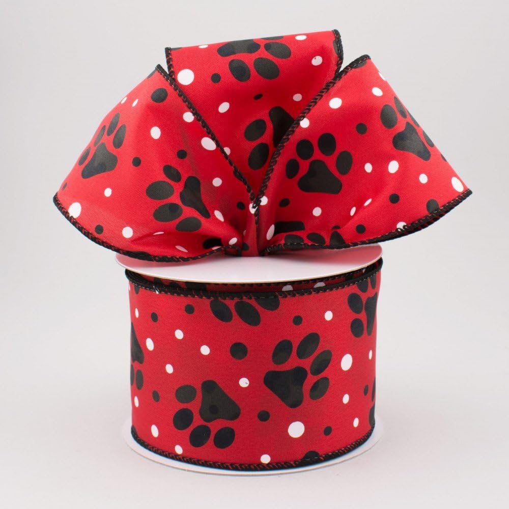 Holiday Christmas Red Satin Big Black Paw Prints Black & White Polka Dots 2.5" Wire Edged Ribbon Wired Edge 2 1/2 Inch Dog Cat Pet Paws Pawprint 10 Yard Roll (30 Feet)