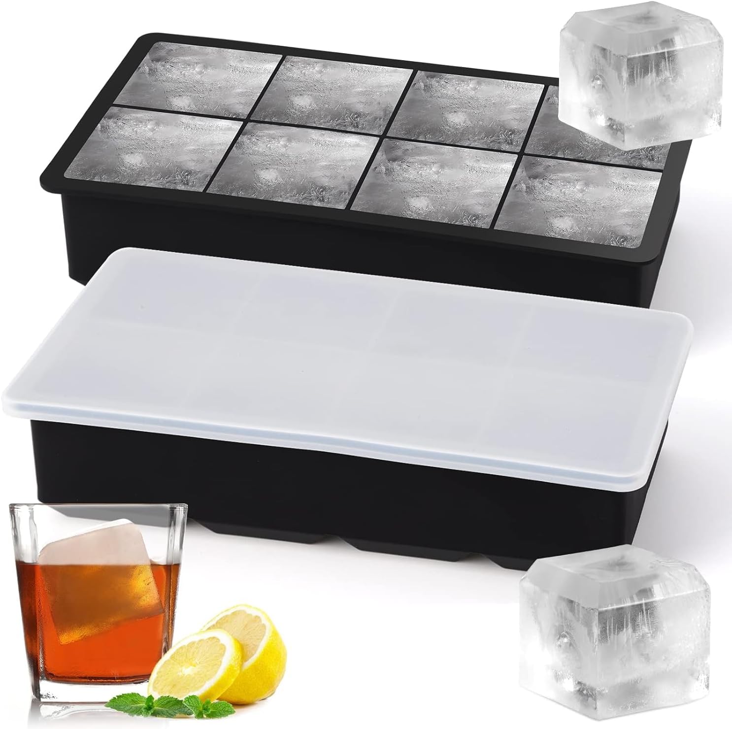 2PECK Ice Cube Trays Silicone,Ice Cube Molds with Removable Lids,Stackable Ice Trays for Freezer,8GRID Ice Maker Reusable and BPA Free for Whiskey,Cocktail (Black)