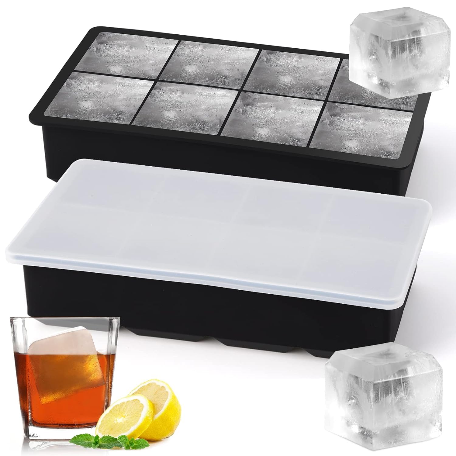 2PECK Ice Cube Trays Silicone,Ice Cube Molds with Removable Lids,Stackable Ice Trays for Freezer,8GRID Ice Maker Reusable and BPA Free for Whiskey,Cocktail (Black)