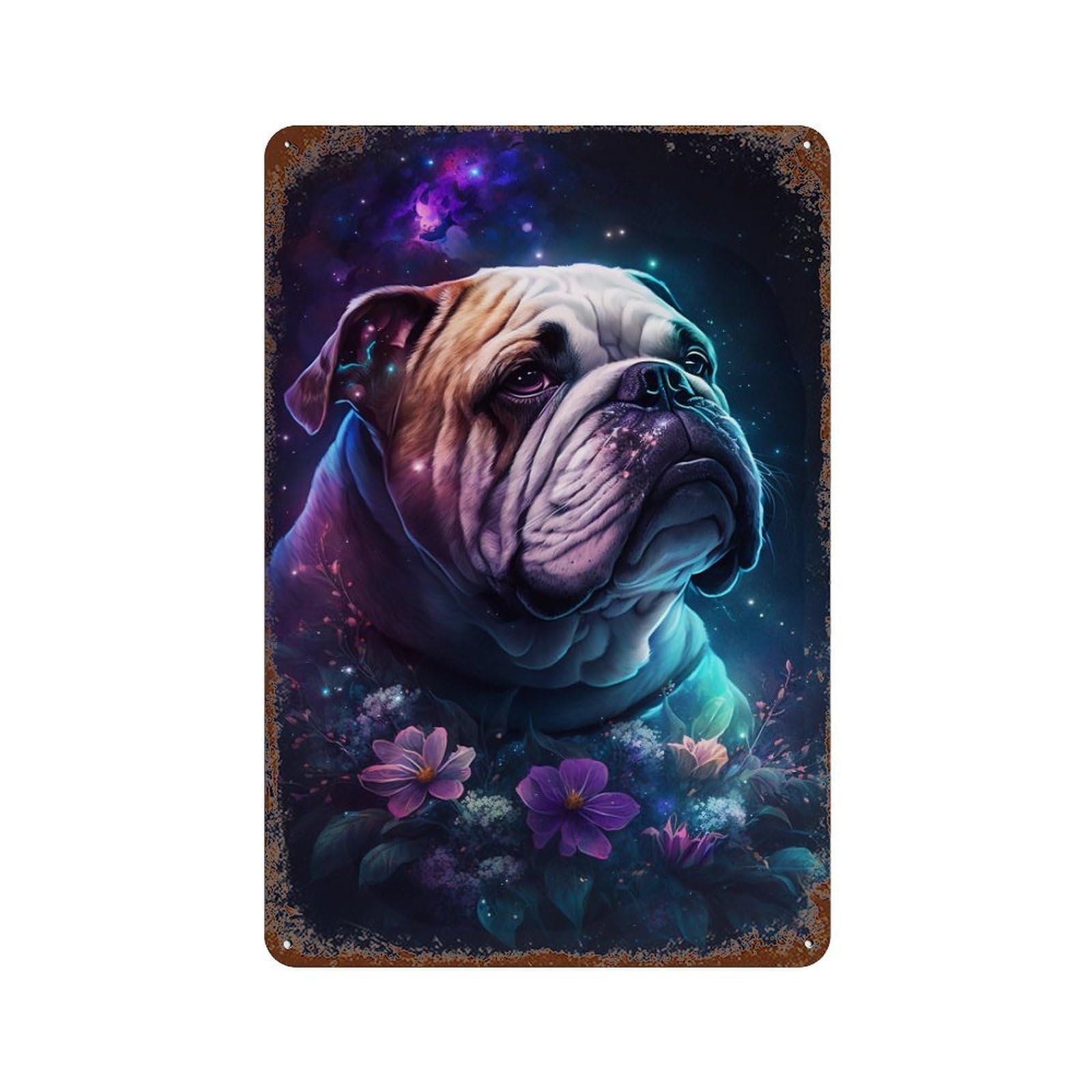 Weathered Tin Sign Space Bulldog with Flowers -4 11.8"x7.9", Rustic Home Decor for Bistro, Counter And Cafe Decor