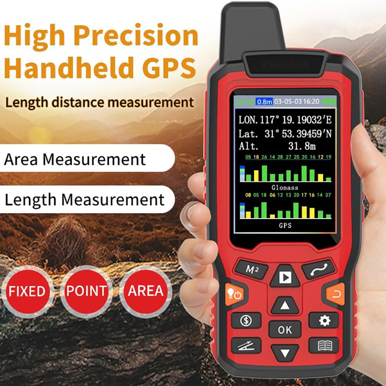 Medidor digital de mano para sondeo de tierra, pantalla GPS de longitud de área con transmisión de voz, ideal para aplicaciones de topografía en bosques, tierras agrícolas, montañas y al aire libre