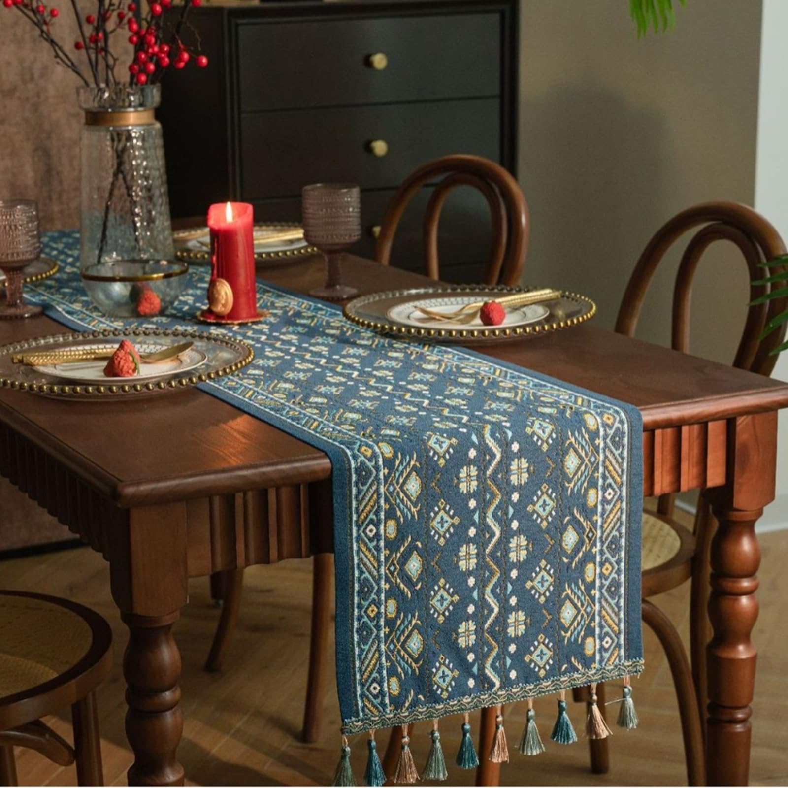 Tischläufer Polyester Wohnzimmer, Tischläufer Hochzeit 35x275 cm, Jacquard mit Ethno Muster und Quasten