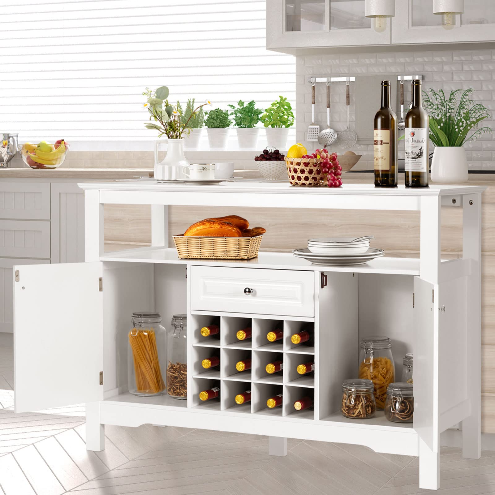 GIANTEX Tavolo Portabottiglie, 2 Ripiani, 12 Bottiglie, Cantinetta con 1 Cassetto e 2 Ante, Portabottiglie per Conservare ed Esporre il Vino, 116x40x82cm, 3 Colori (bianco)