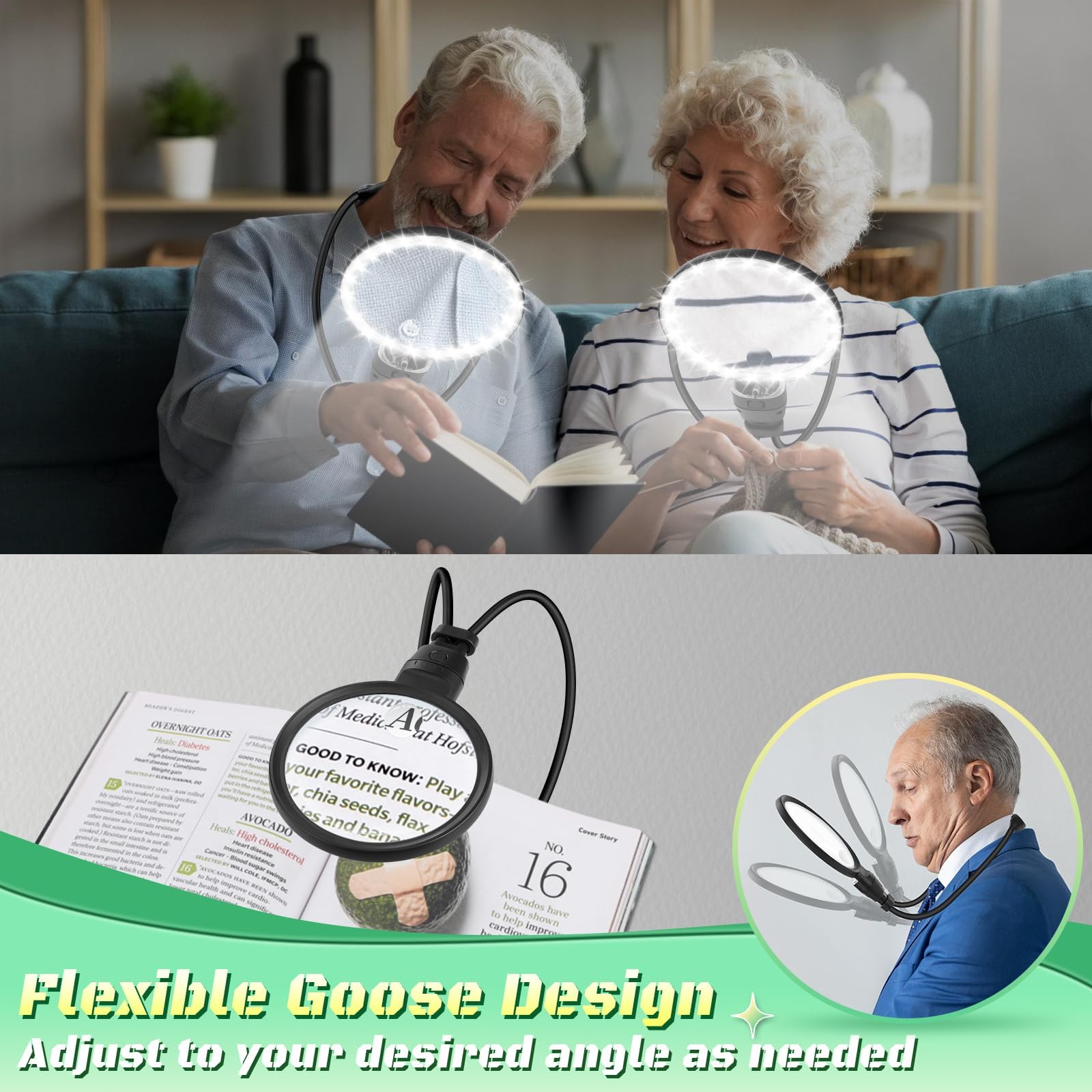 5x vergrootglazen, volledige pagina vergrootglas voor lezen met verouderende ogen, 9x6 grote flexibele zwanenhals handsfree vergrootglas blad voor kleine letters, kruissteek, boeken, lage versie