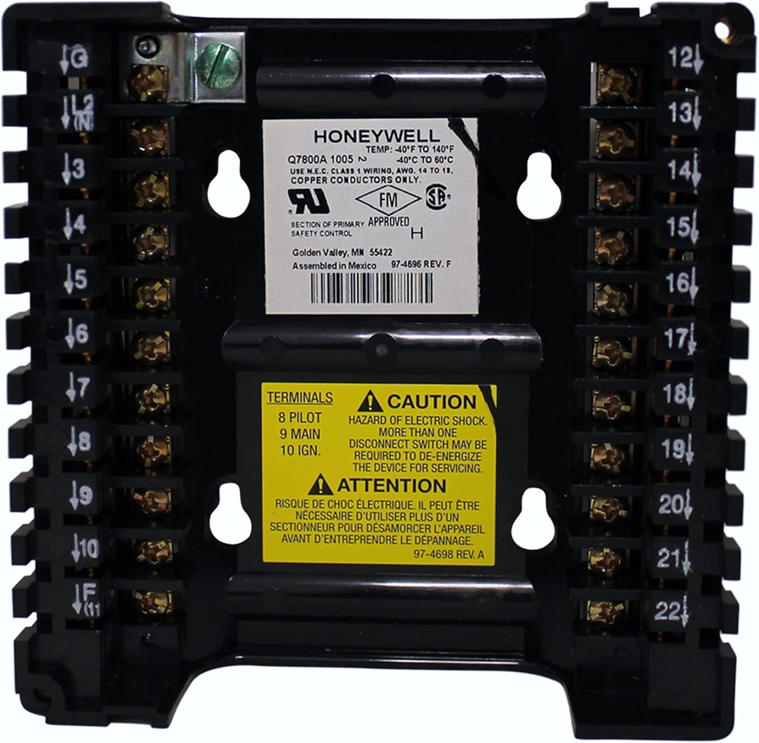 Detailed view of Honeywell Q7800A1005 Wiring Subbase terminals and identification label.