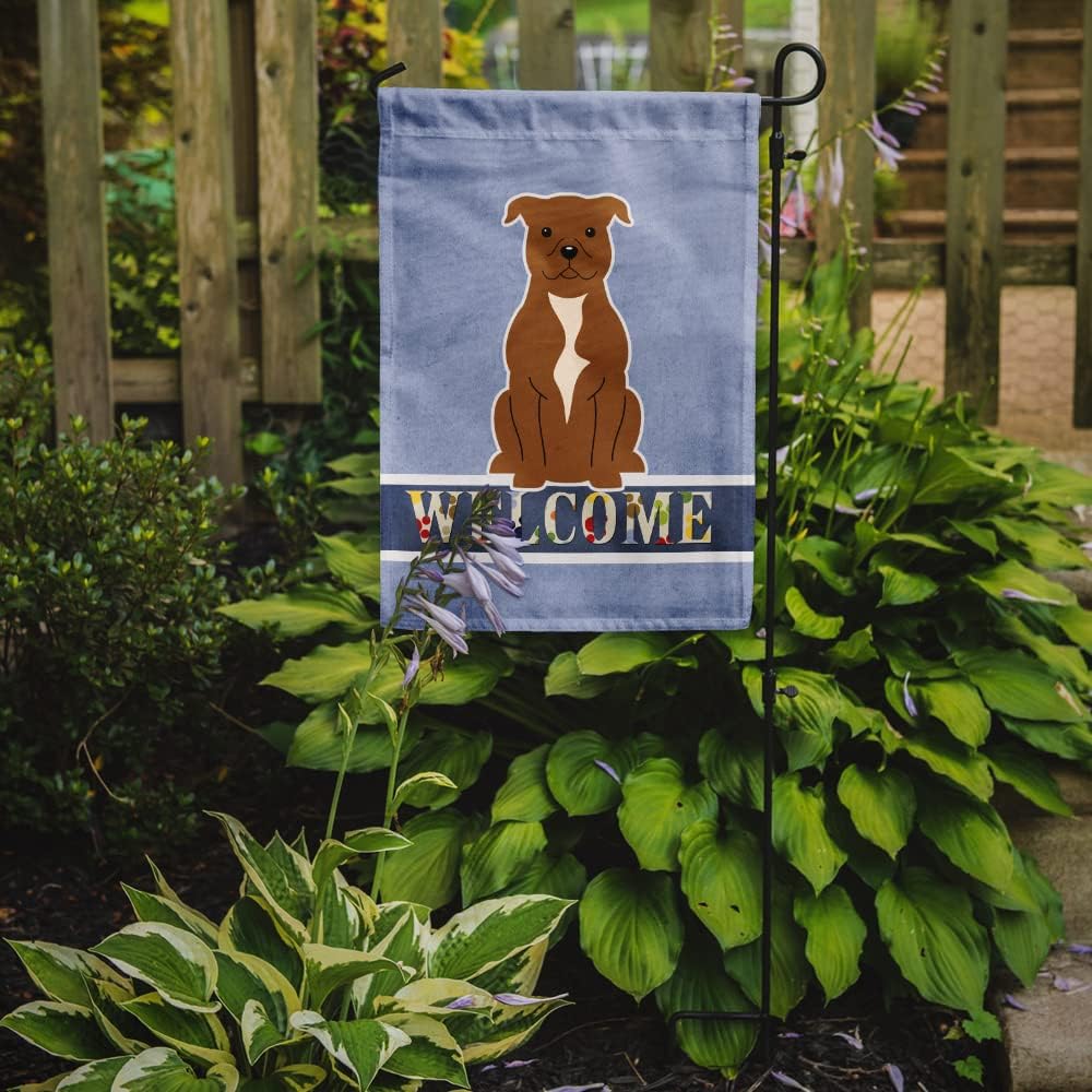 Caroline's Treasures BB5628GF Staffordshire Bull Terrier Brown Welcome Garden Flag Mailbox Flag Decorative Yard Flag Banner Outside Patio Artwork Yard Flower Beds, Garden Size, Multicolor
