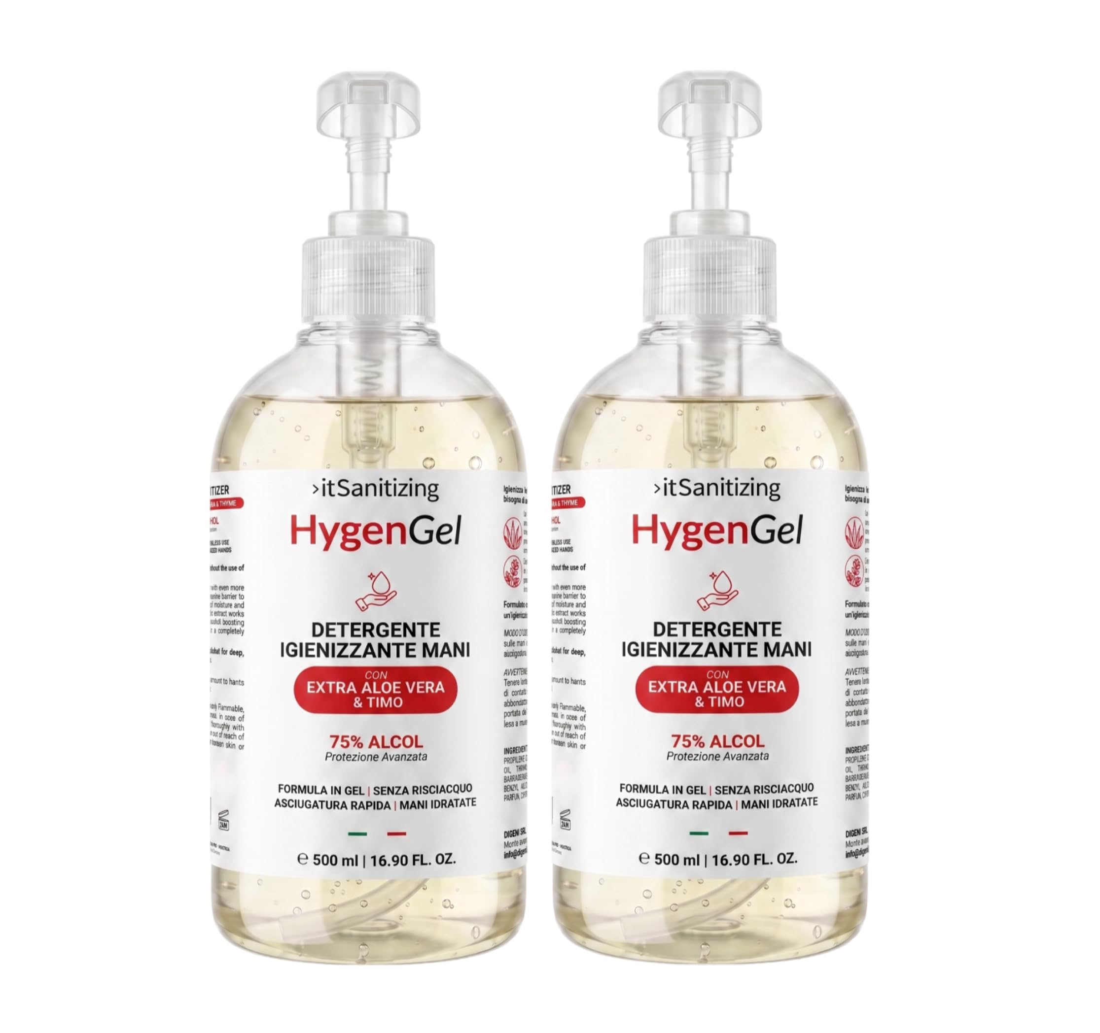 itStyle Hygen Gel Mani Disinfettante Igienizzante 1L Antibatterico Sanificante Alcool 75% Aloe Vera Timo 2x500 ml