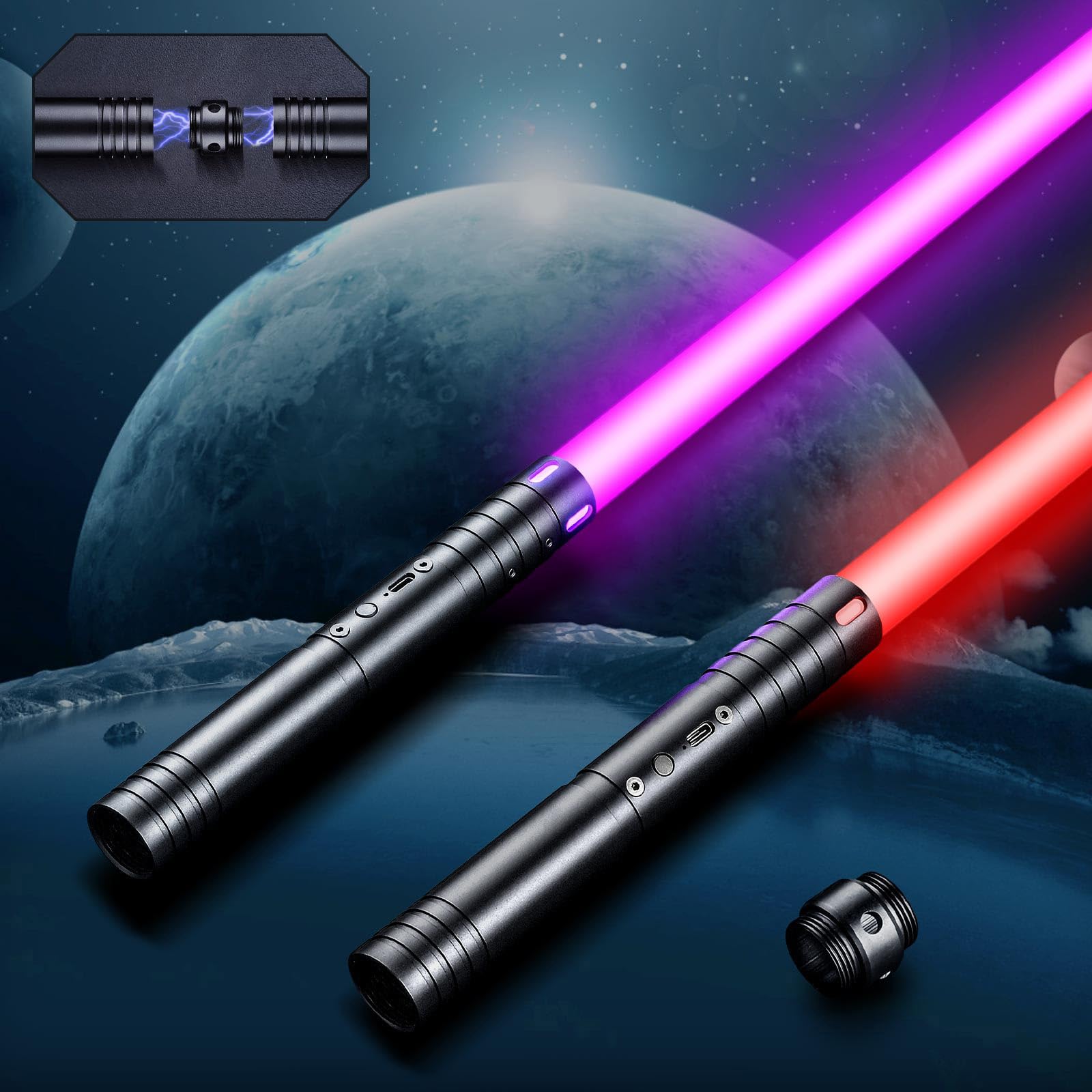 Laserschwert Kinder, USB-C Lade Lichtschwert Kinder, RGB 15 Farben 2 in 1 Lichtschwert, Duell Lightsaber mit 4 Modi, Metallgriff Lichtschwerter, Laser Schwert Kinder und Erwachsene 60cm x 2pc Schwarz