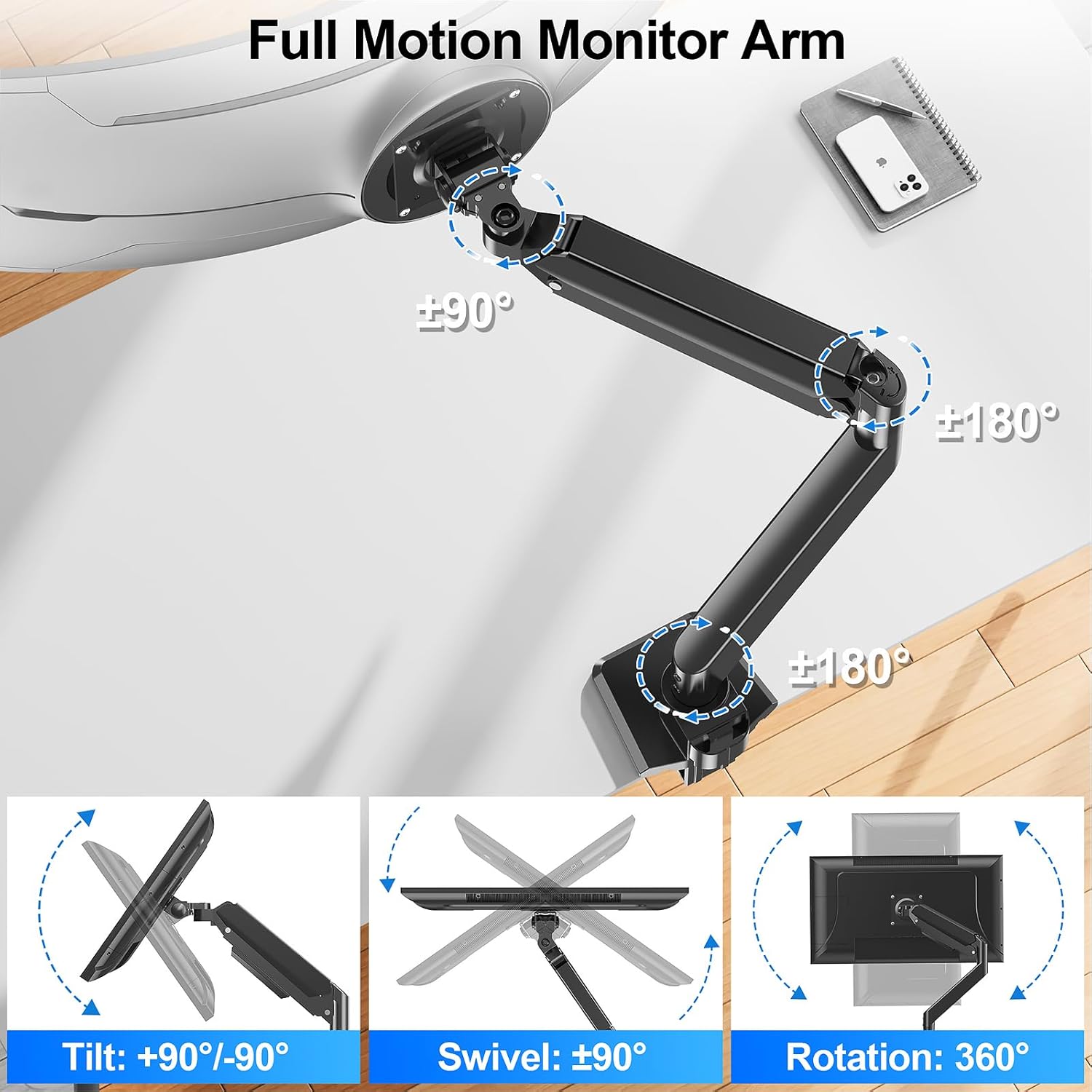 Heavy Duty Monitor Mount for Max 49 inch Ultrawide Screens, Hold 2.2 to 44 lbs, Premium Single Monitor Arm for Samsung Odyssey G9 and More, Adjustable Gas Spring Desk Stand, VESA Mount