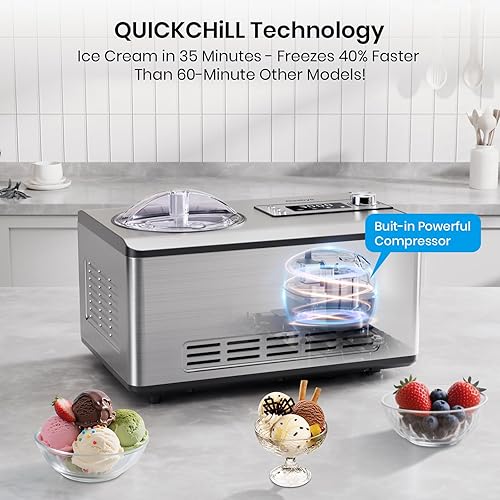 Miniatura 2 de Máquina de helados con compresor mejorado, congelación 40% más rápida, no necesita precongelación, pantalla LED, capacidad de 2.1 cuartos de galón,