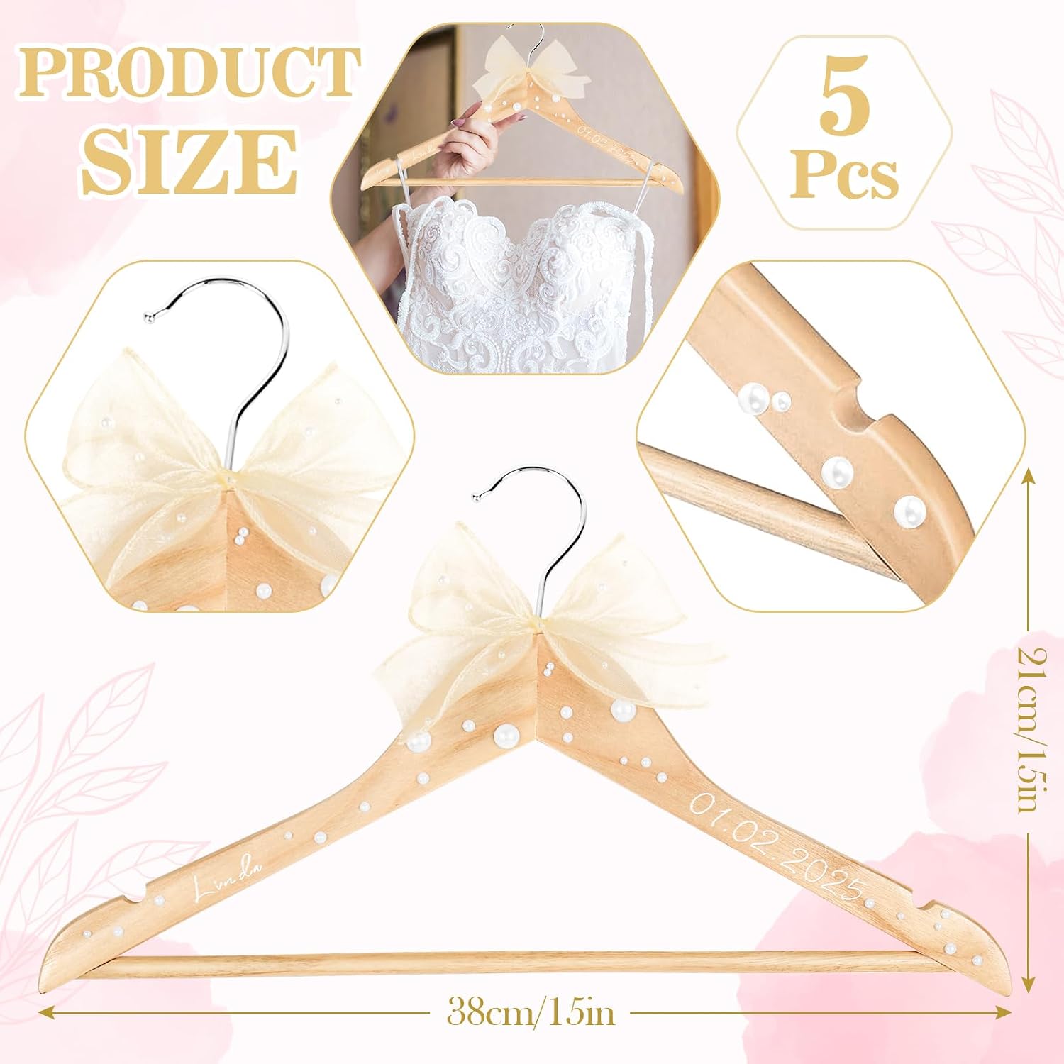JarThenaAMCS 5 Pcs Wedding Bridesmaid Hanger Personalized Name Hanger Natural Wood Hangers with Ribbon Bows Pearls Stickers Transfer Sticker Gifts for Bridal Shower Party Favors DIY Crafts Supplies