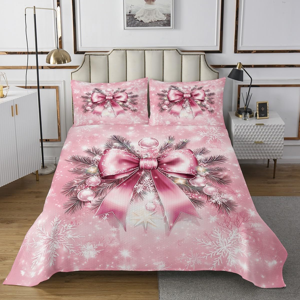 jejeloiu Merry Christmas Bedspread Quilts Pink Bowknot Coverlet Set King Size for Kids Boys Girls Snowflake Quilted Coverlet for All Season with 2 Pillowcases Xmas Decor Microfiber