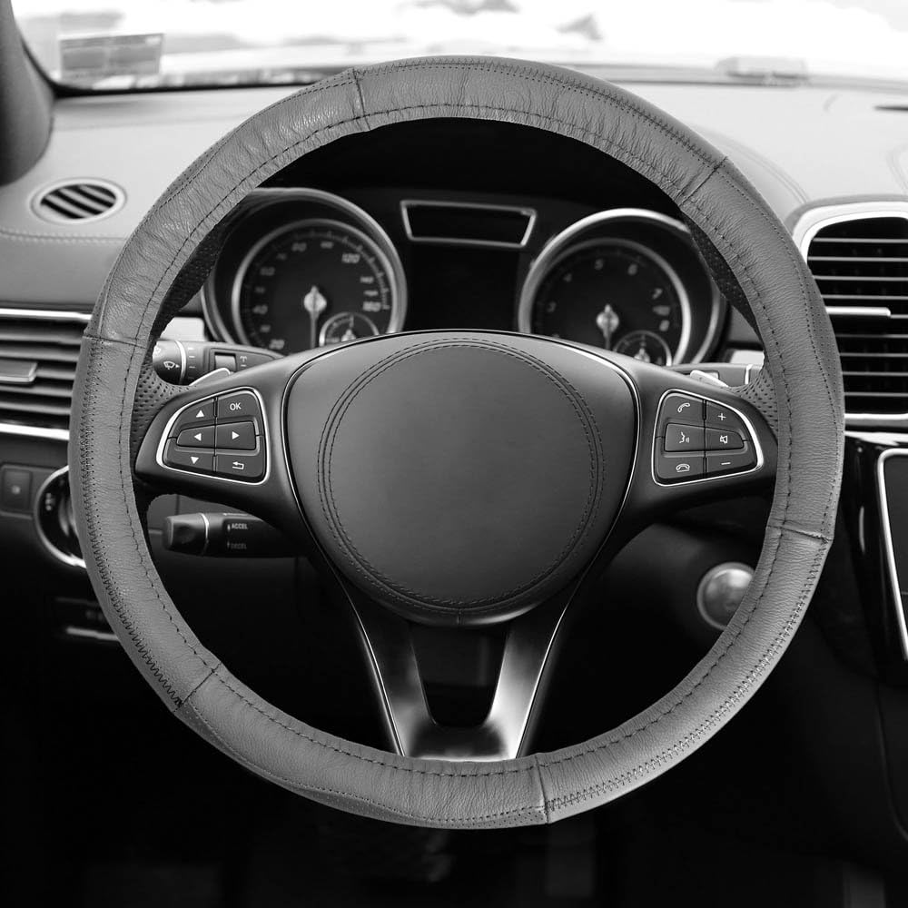 FH Group Sleek & Sporty Genuine Leather Steering Wheel Coverโ Universal Fit for Cars Trucks & SUVs (Gray/Black) FH2007