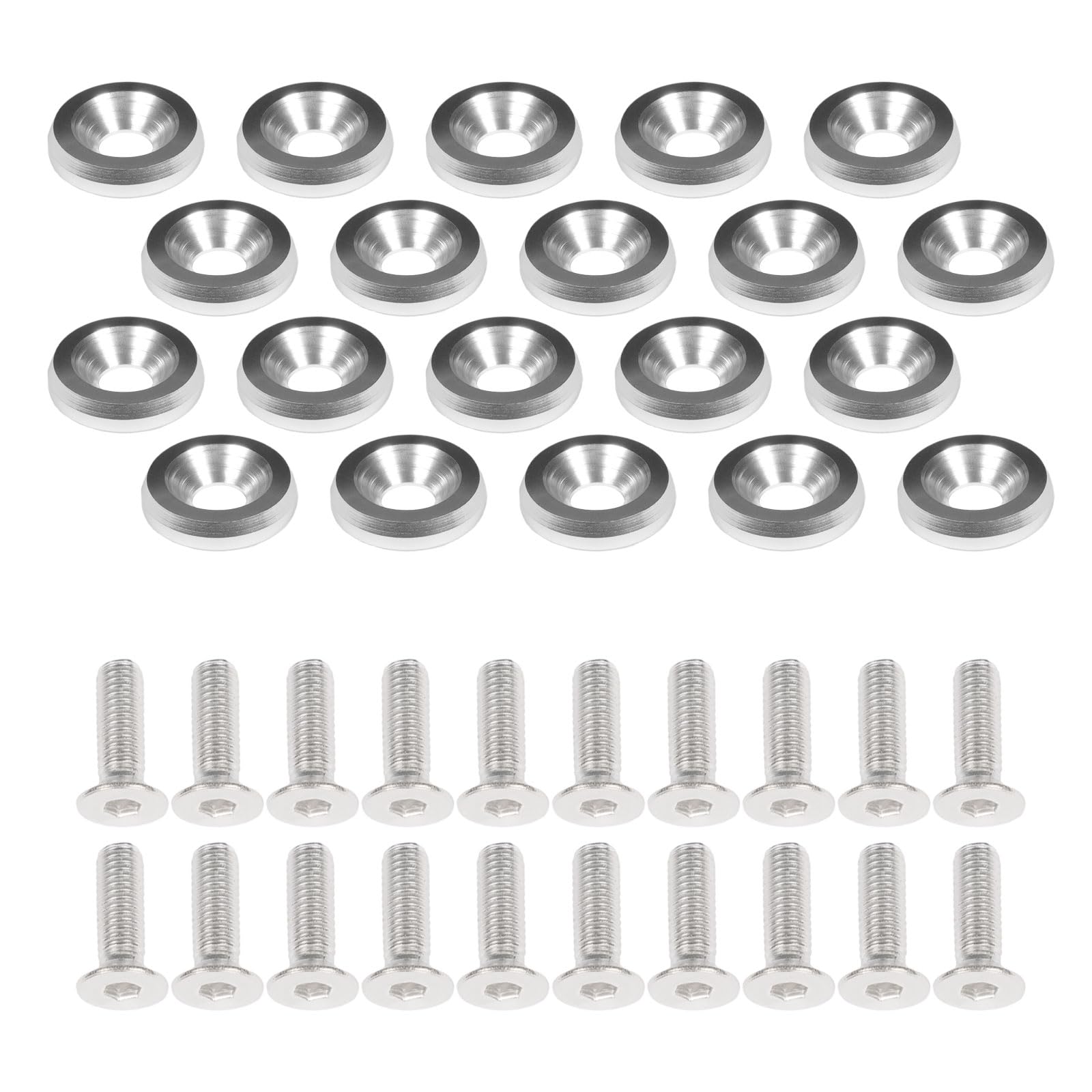 20PCS M6×20mm CNC Aluminum Washer and Bolt Kit – 6-Color Engine Bay Dress-Up Fasteners for Fender, Bumper, Body Panels (SilverTone)